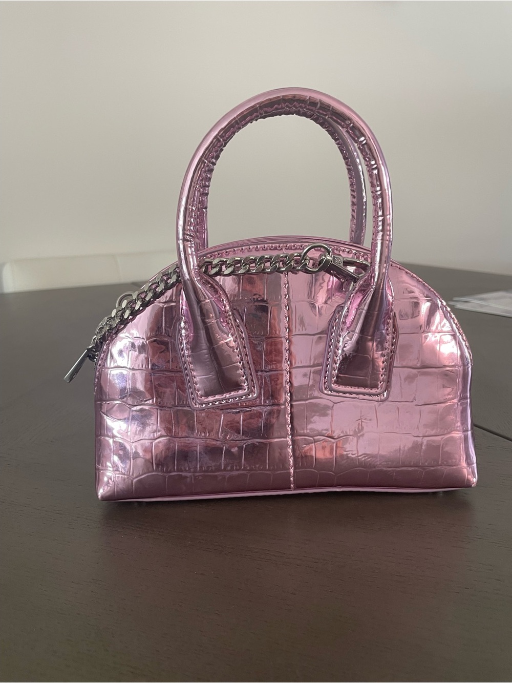 Zara Metallic Pink Croc-Texture Dome Satchel Handbag